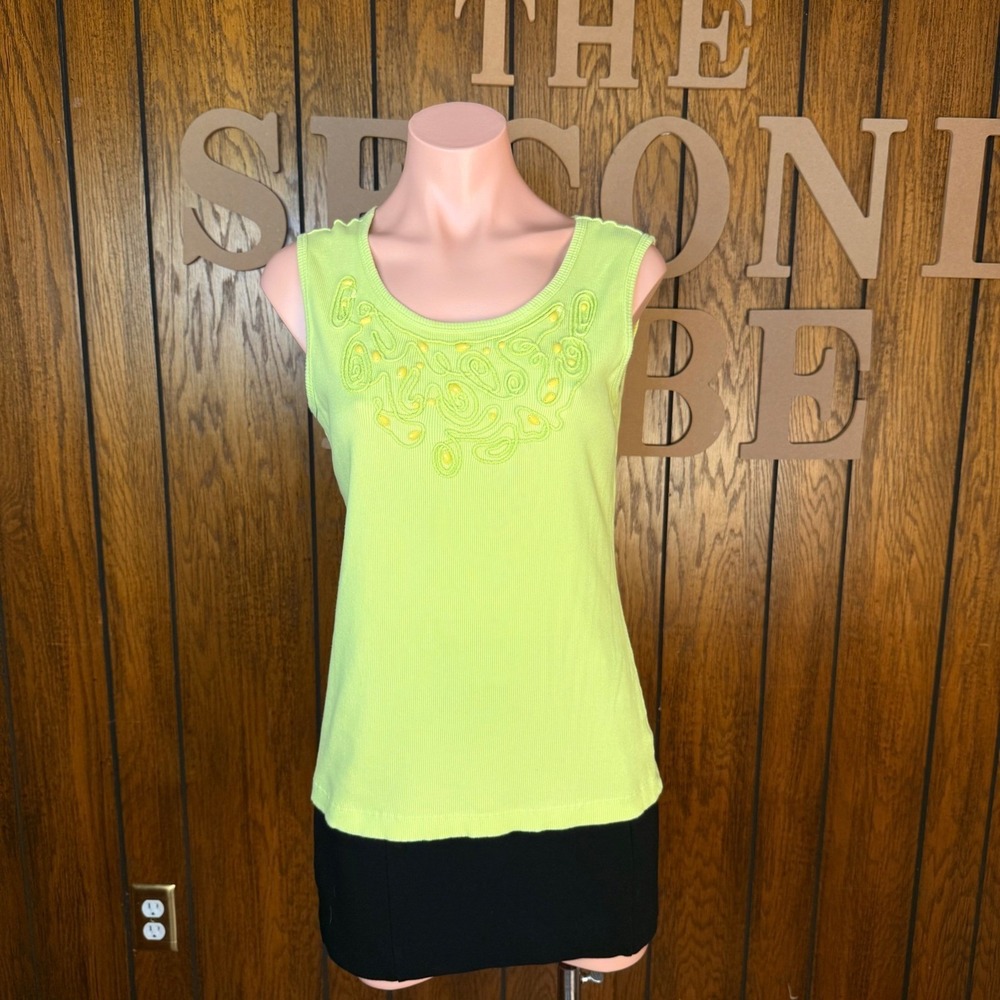 Hannah Vintage Y2K Lime Green Tank Top Embroidered Beaded Med Indie Cottagecore